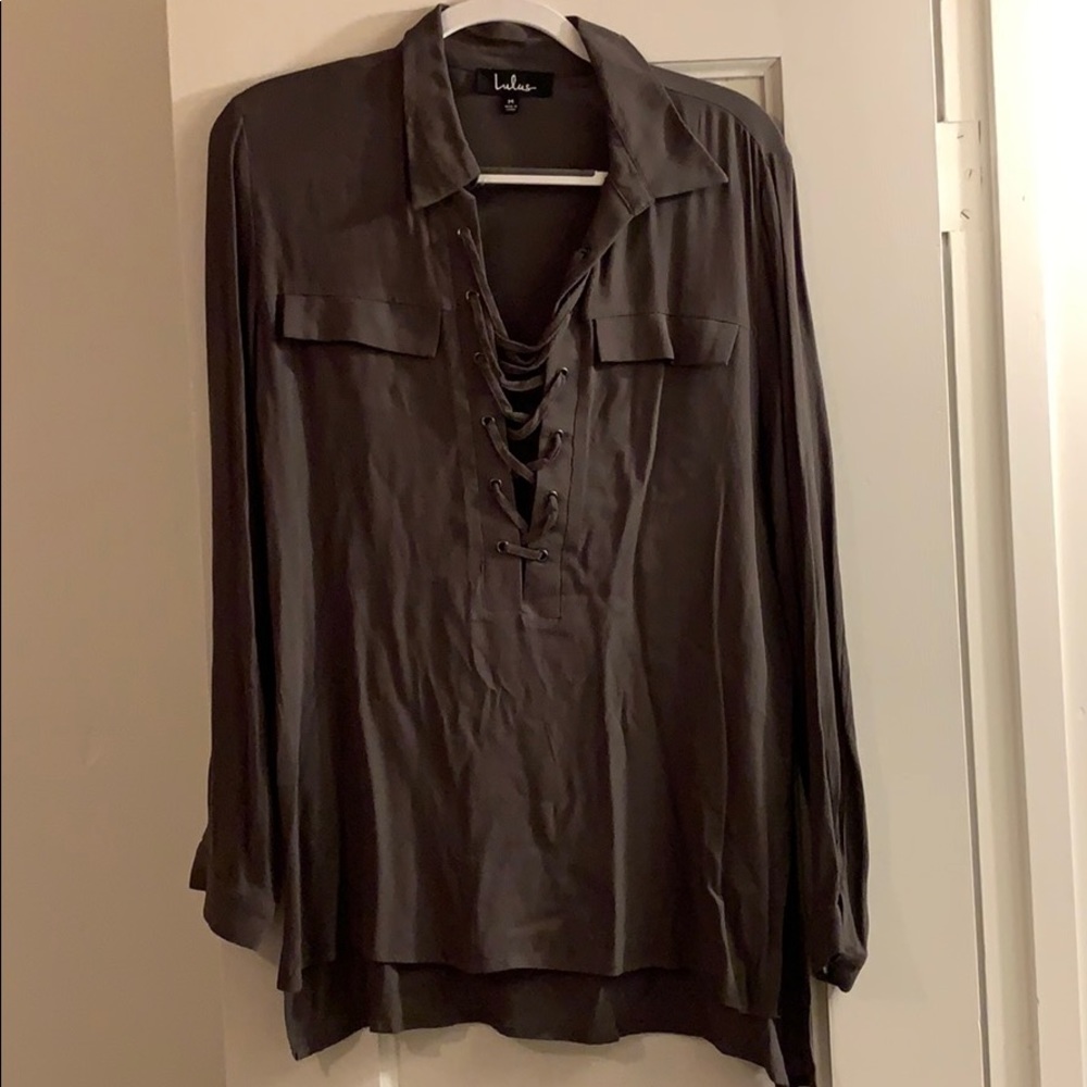 Army green, chiffon, shirt.